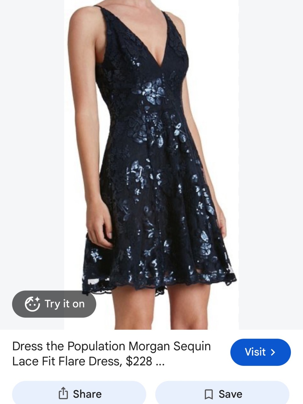 Dress the Population Navy Sequin Lace V-Neck Fit & Flare Mini Dress